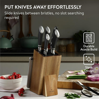 Wooden Kitchen Knife Block with Holder - Holds a Chopping Board, Phone or Tablet - Acacia Angled Design, 12.5 x 18.7 x 26.2 cm (4.9" x 7.4" x 10.3")