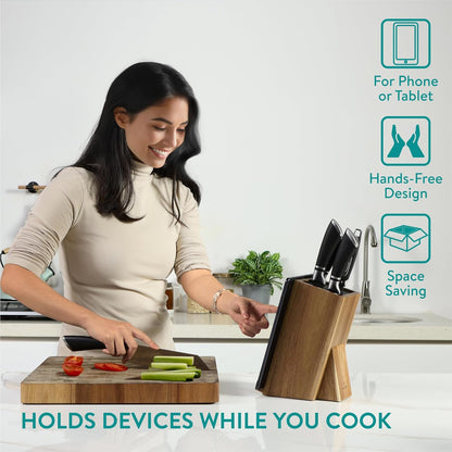 Wooden Kitchen Knife Block with Holder - Holds a Chopping Board, Phone or Tablet - Acacia Angled Design, 12.5 x 18.7 x 26.2 cm (4.9" x 7.4" x 10.3")