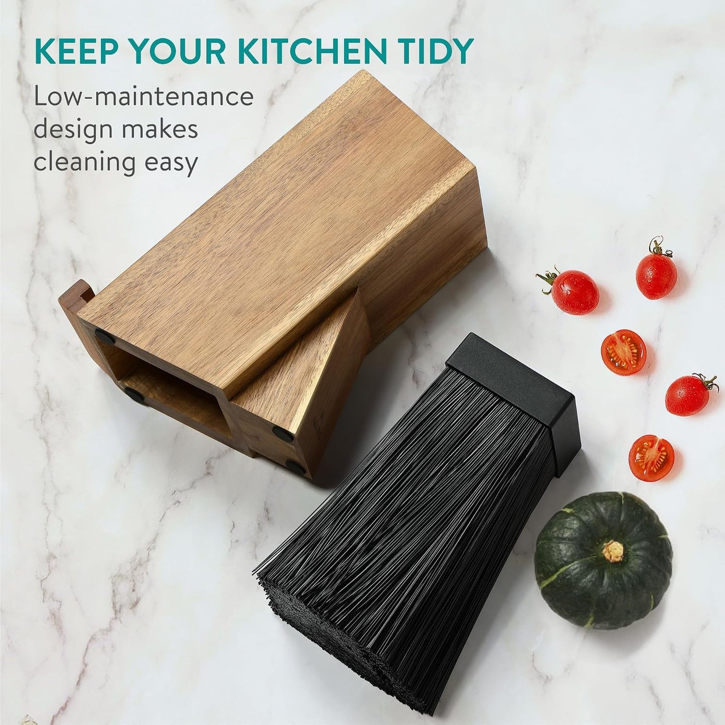 Wooden Kitchen Knife Block with Holder - Holds a Chopping Board, Phone or Tablet - Acacia Angled Design, 12.5 x 18.7 x 26.2 cm (4.9" x 7.4" x 10.3")