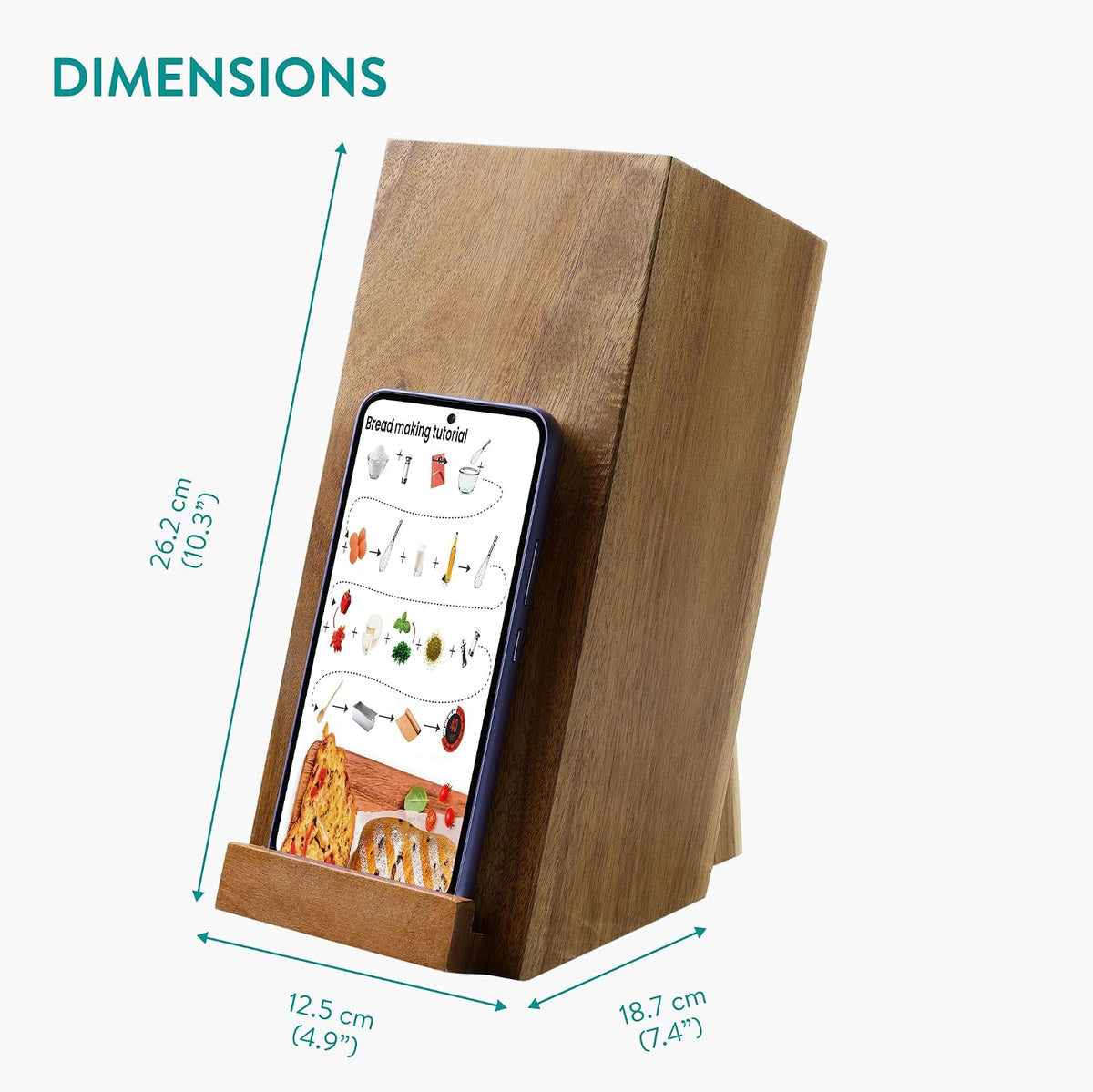 Wooden Kitchen Knife Block with Holder - Holds a Chopping Board, Phone or Tablet - Acacia Angled Design, 12.5 x 18.7 x 26.2 cm (4.9" x 7.4" x 10.3")