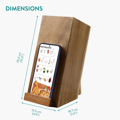 Wooden Kitchen Knife Block with Holder - Holds a Chopping Board, Phone or Tablet - Acacia Angled Design, 12.5 x 18.7 x 26.2 cm (4.9" x 7.4" x 10.3")