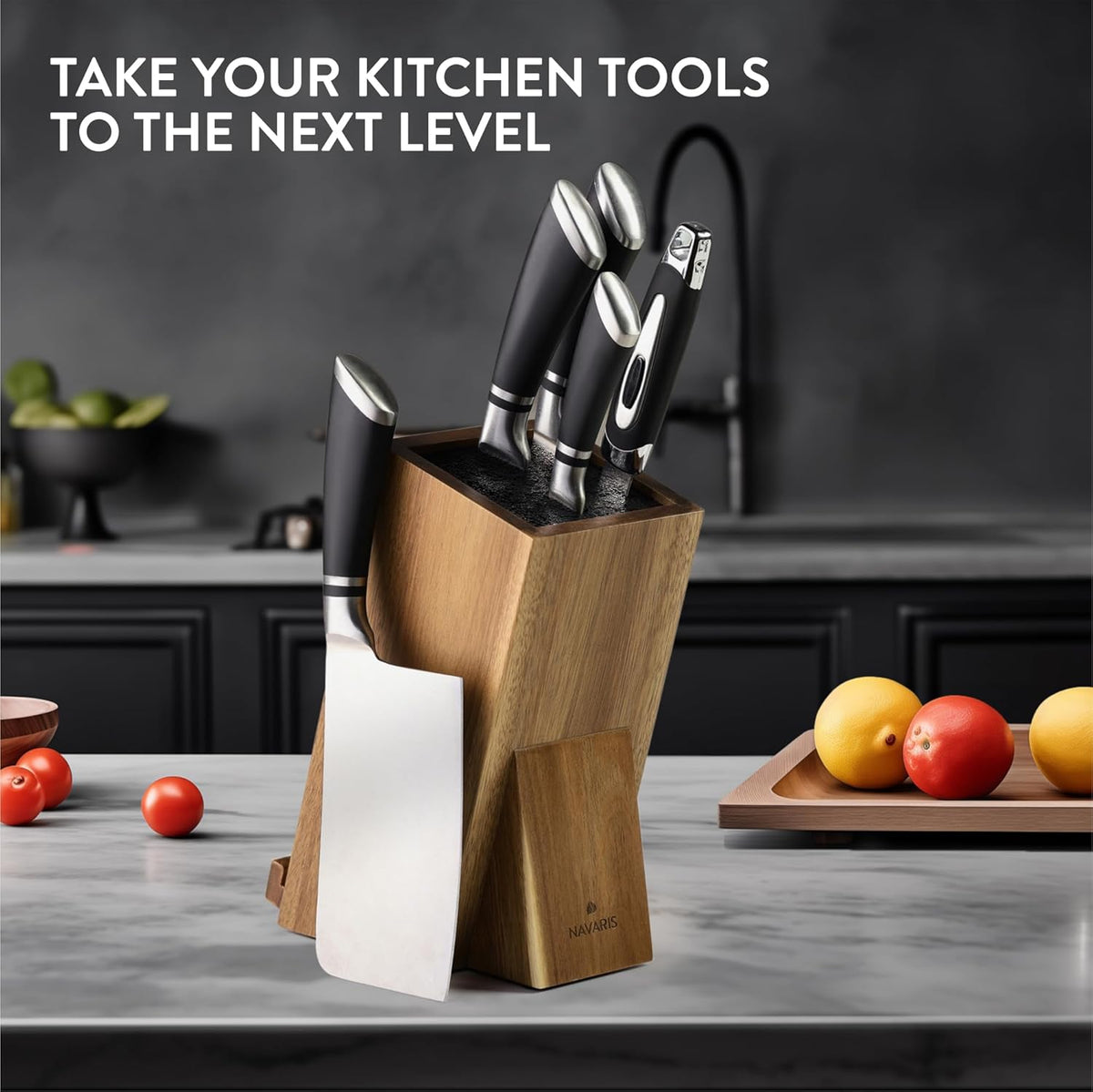 Wooden Kitchen Knife Block with Holder - Holds a Chopping Board, Phone or Tablet - Acacia Angled Design, 12.5 x 18.7 x 26.2 cm (4.9" x 7.4" x 10.3")