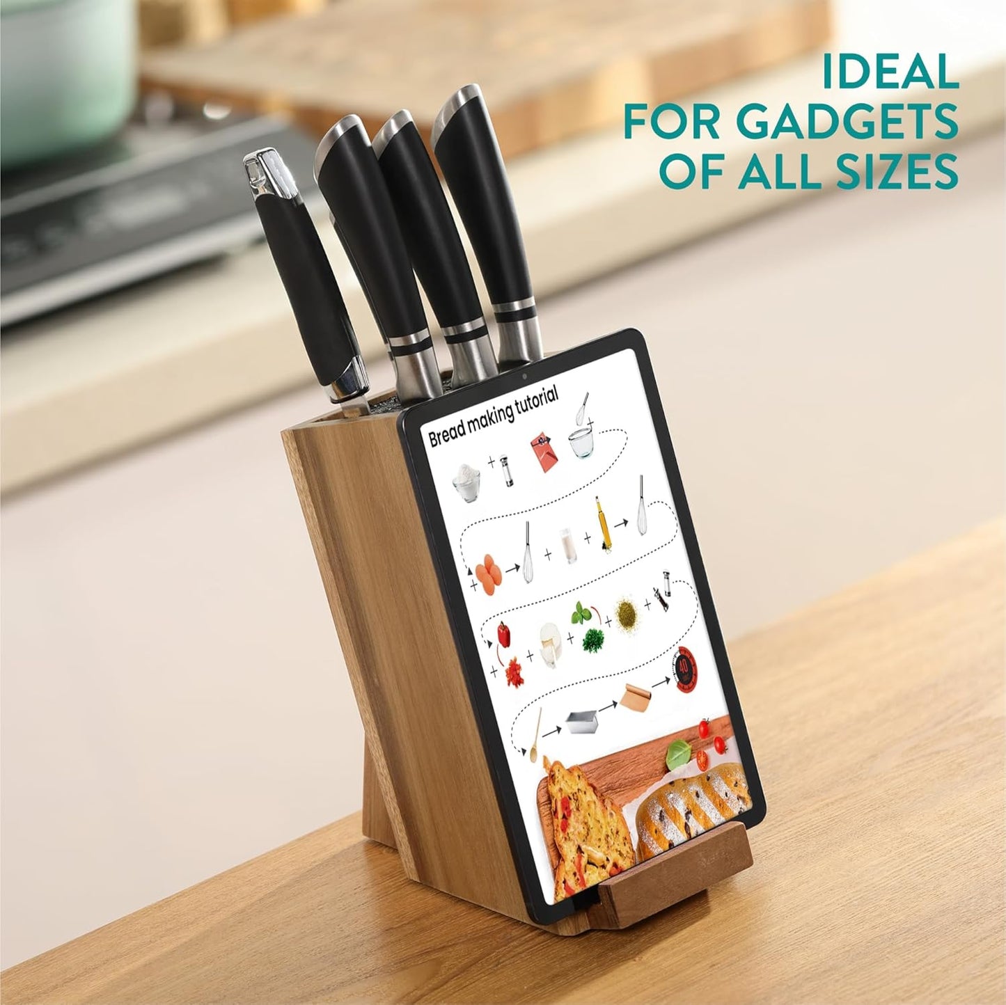 Wooden Kitchen Knife Block with Holder - Holds a Chopping Board, Phone or Tablet - Acacia Angled Design, 12.5 x 18.7 x 26.2 cm (4.9" x 7.4" x 10.3")