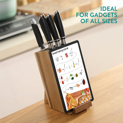 Wooden Kitchen Knife Block with Holder - Holds a Chopping Board, Phone or Tablet - Acacia Angled Design, 12.5 x 18.7 x 26.2 cm (4.9" x 7.4" x 10.3")