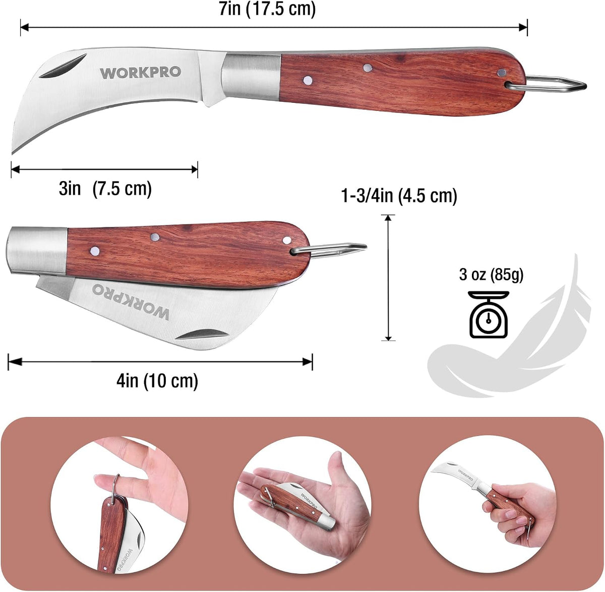 Linoleum Knife, Electrician and Folding Pocket Utility Knife with 3" Hawk Bill Blade cutter for lineman Cable Skinning, Roofing & Flooring