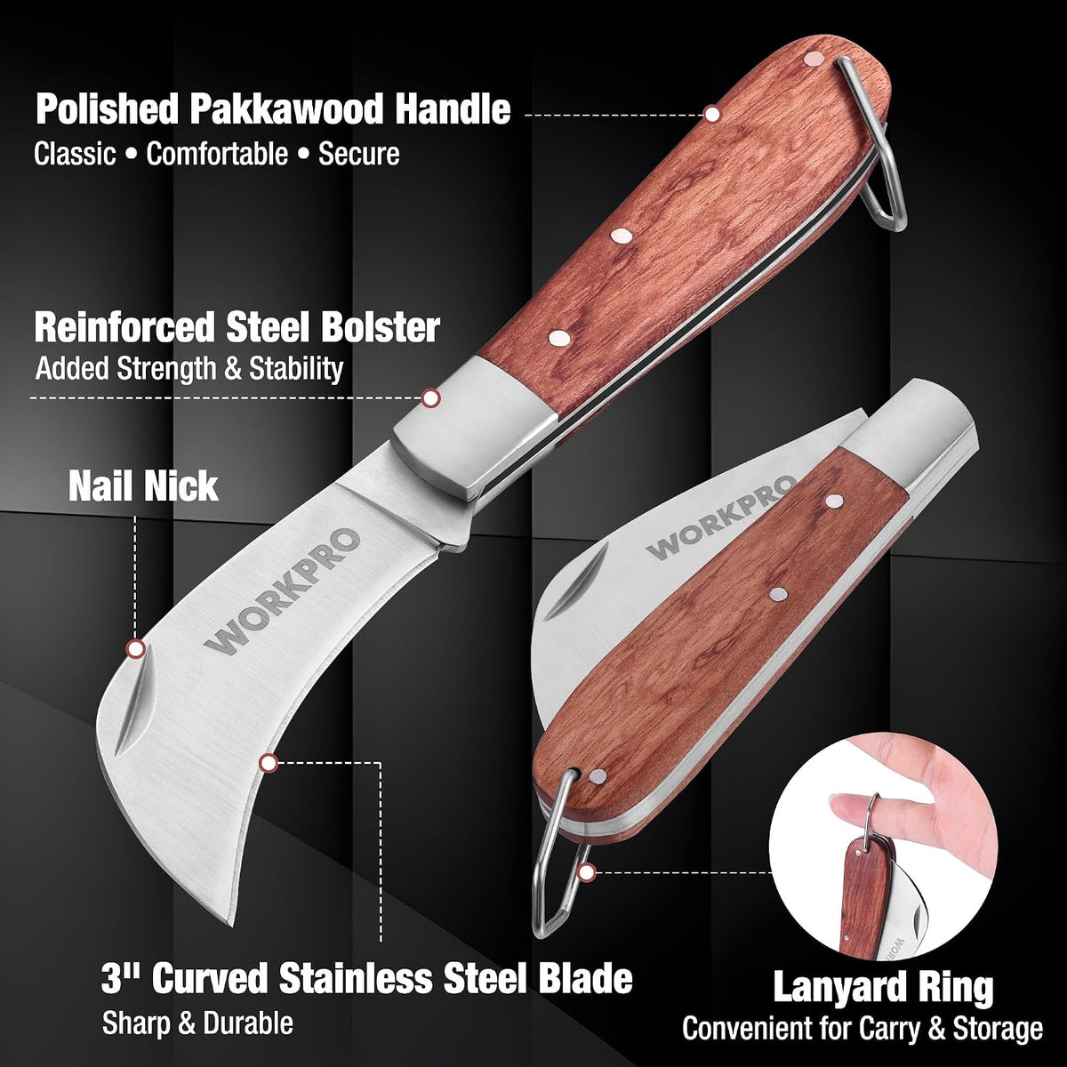 Linoleum Knife, Electrician and Folding Pocket Utility Knife with 3" Hawk Bill Blade cutter for lineman Cable Skinning, Roofing & Flooring