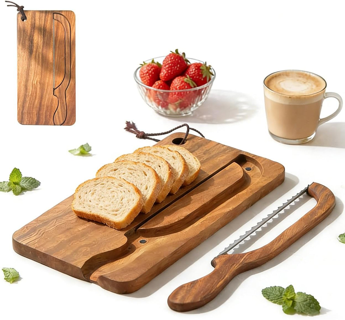 Bread Bow Knife and Cutting Board Set, 8'' Serrated Stainless Steel Slicer for Sourdough Bagels Baguettes, Ambidextrous Bow Blade & Reversible Acacia Board Can Be Used as Crumb Tray
