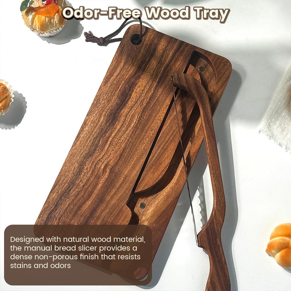 Bread Bow Knife and Cutting Board Set, 8'' Serrated Stainless Steel Slicer for Sourdough Bagels Baguettes, Ambidextrous Bow Blade & Reversible Acacia Board Can Be Used as Crumb Tray