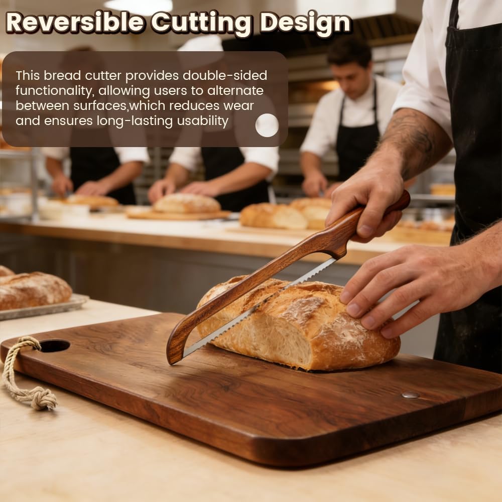 Bread Bow Knife and Cutting Board Set, 8'' Serrated Stainless Steel Slicer for Sourdough Bagels Baguettes, Ambidextrous Bow Blade & Reversible Acacia Board Can Be Used as Crumb Tray