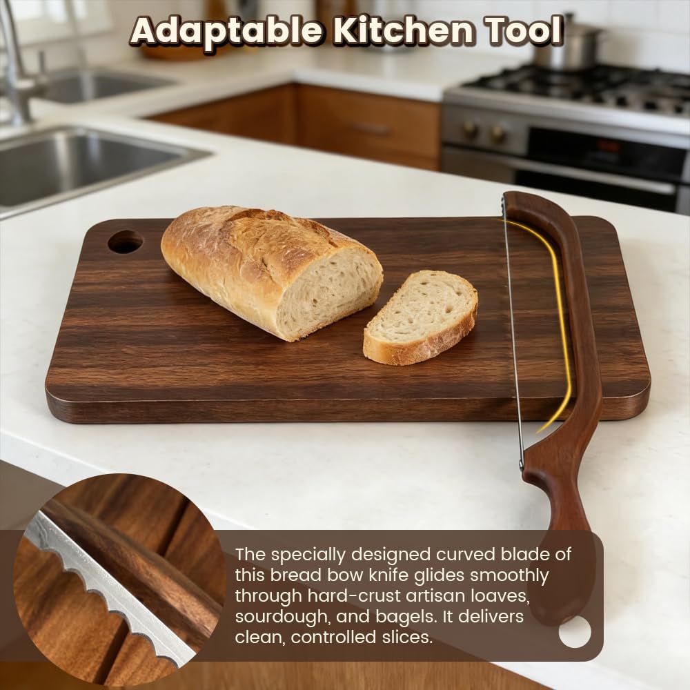 Bread Bow Knife and Cutting Board Set, 8'' Serrated Stainless Steel Slicer for Sourdough Bagels Baguettes, Ambidextrous Bow Blade & Reversible Acacia Board Can Be Used as Crumb Tray