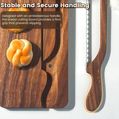 Bread Bow Knife and Cutting Board Set, 8'' Serrated Stainless Steel Slicer for Sourdough Bagels Baguettes, Ambidextrous Bow Blade & Reversible Acacia Board Can Be Used as Crumb Tray