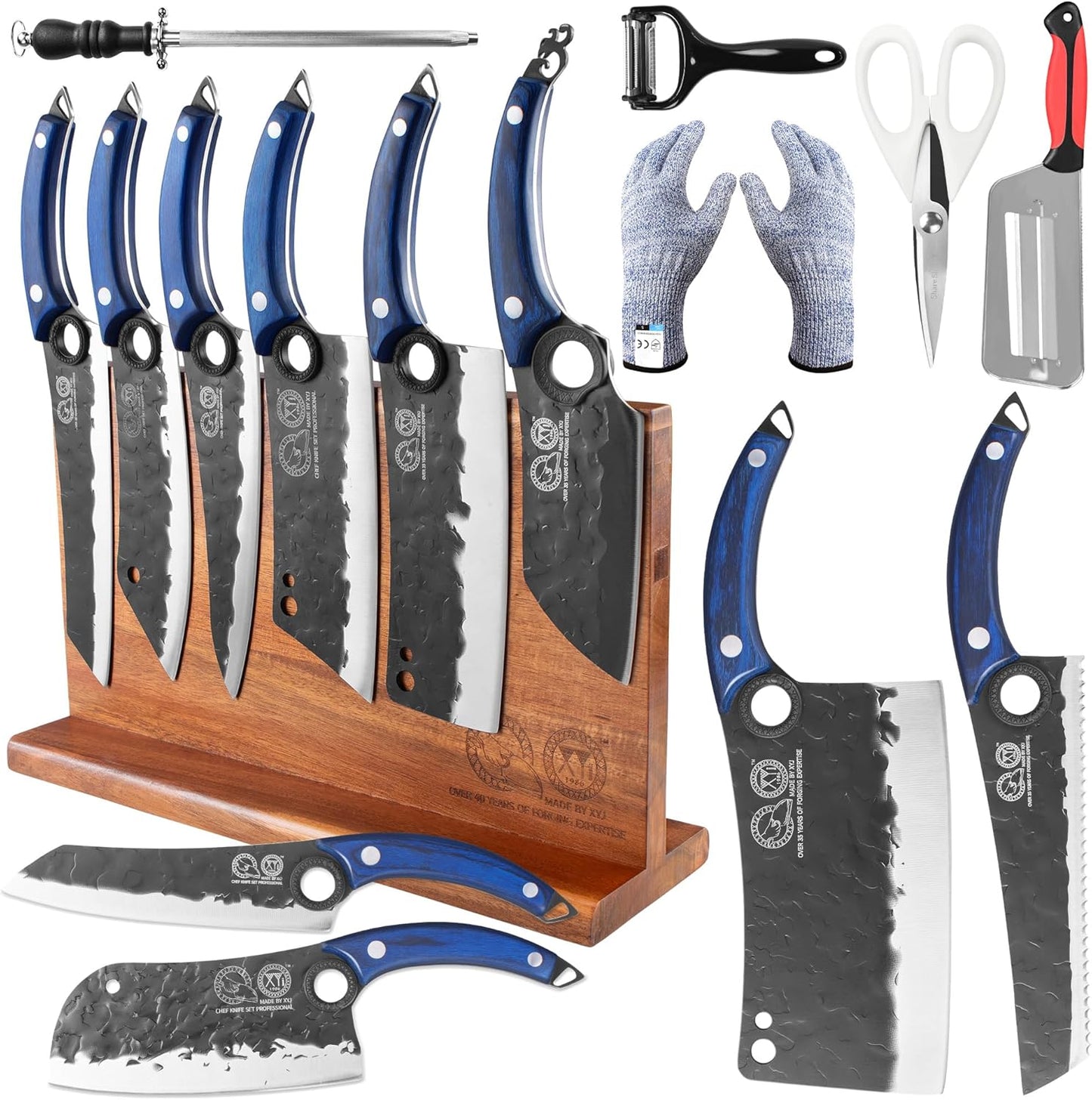 Authentic Since 1986, Knives Set with Block, Scissors, Honing Steel, Peeler, Gloves, Knife Block Set, Meat Boning Slicing Cooking Bread Vegetable Chef Knives, Full Tang Design, Wood Handle