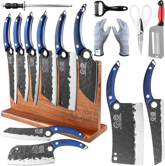Authentic Since 1986, Knives Set with Block, Scissors, Honing Steel, Peeler, Gloves, Knife Block Set, Meat Boning Slicing Cooking Bread Vegetable Chef Knives, Full Tang Design, Wood Handle
