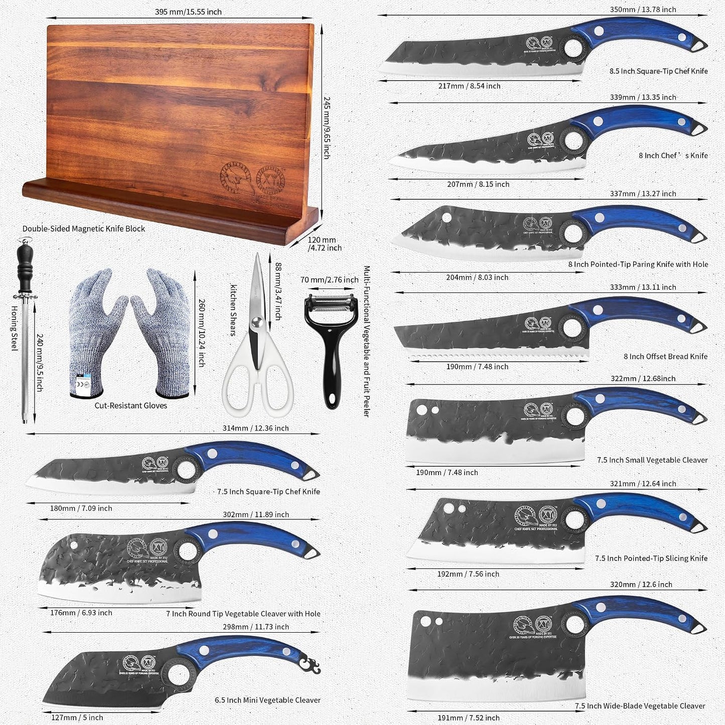 Authentic Since 1986, Knives Set with Block, Scissors, Honing Steel, Peeler, Gloves, Knife Block Set, Meat Boning Slicing Cooking Bread Vegetable Chef Knives, Full Tang Design, Wood Handle