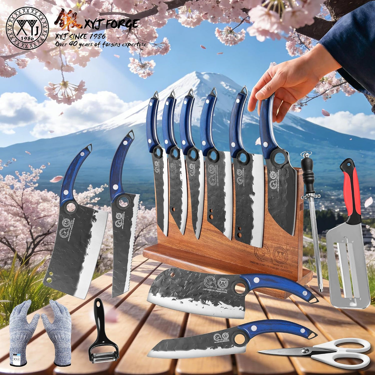 Authentic Since 1986, Knives Set with Block, Scissors, Honing Steel, Peeler, Gloves, Knife Block Set, Meat Boning Slicing Cooking Bread Vegetable Chef Knives, Full Tang Design, Wood Handle