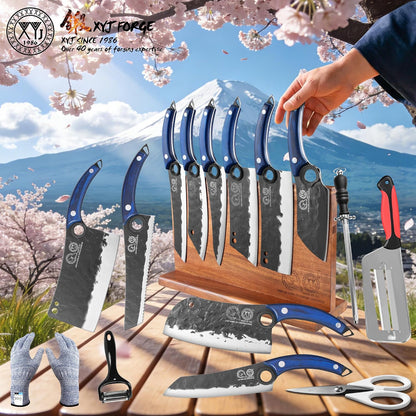 Authentic Since 1986, Knives Set with Block, Scissors, Honing Steel, Peeler, Gloves, Knife Block Set, Meat Boning Slicing Cooking Bread Vegetable Chef Knives, Full Tang Design, Wood Handle