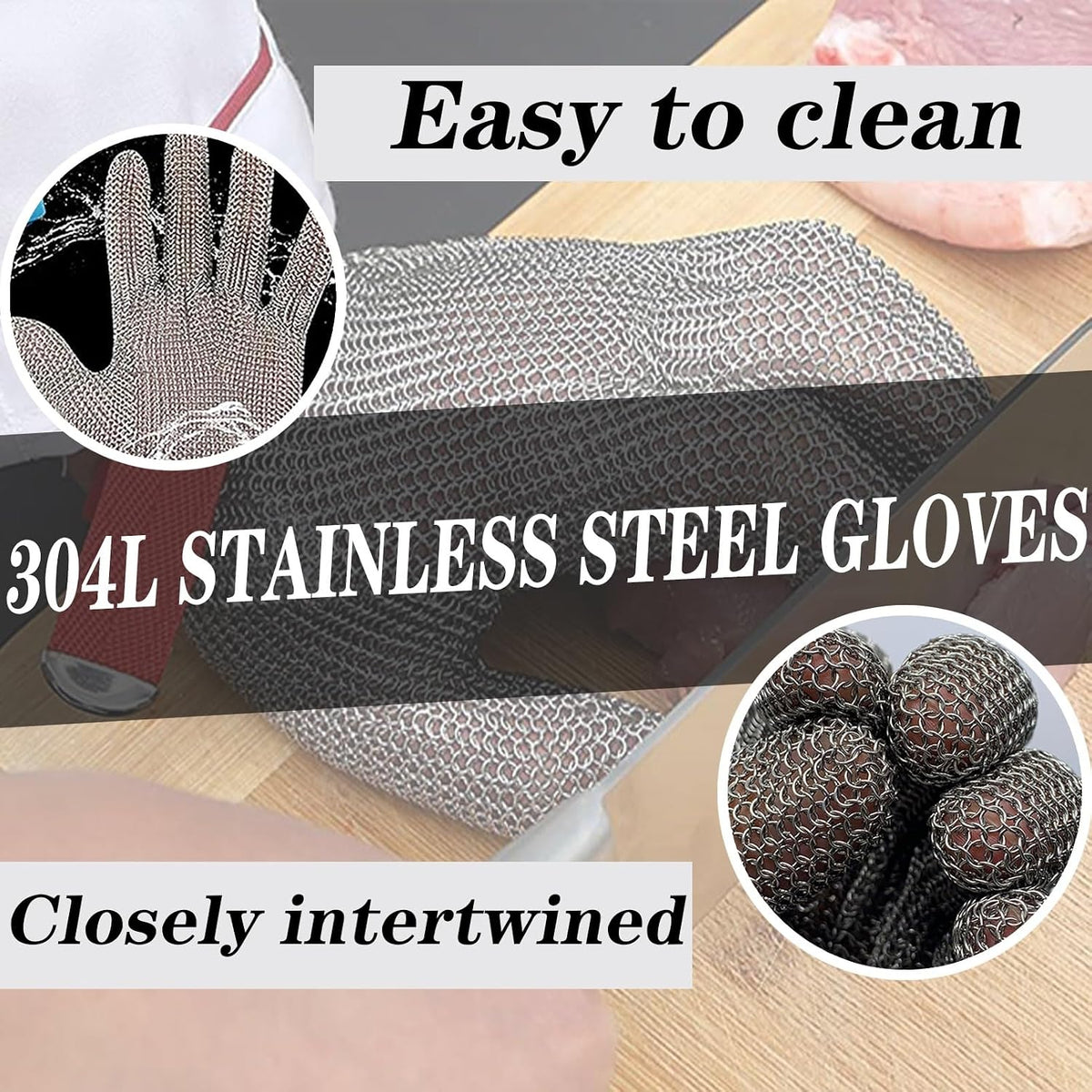 2pcs Factory Kitchen Stainless Steel Cut Resistant Gloves, Food Grade Safety Anti Slip Chainmail Gloves