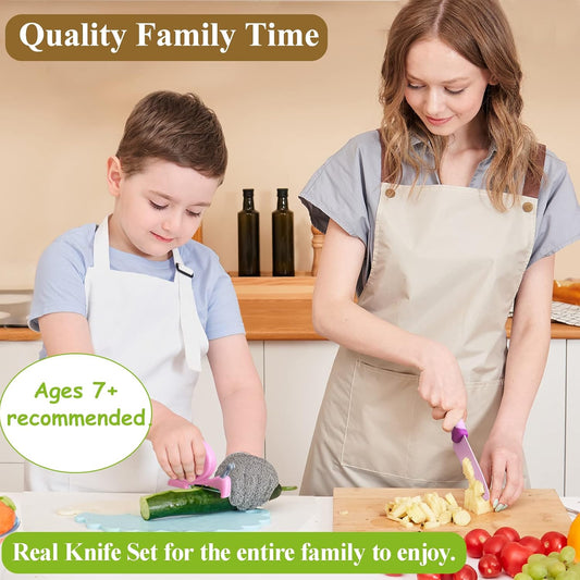 Kids Knife Set for Real Cooking, 4-Piece Stainless Steel Kids Chef's Knives with Peeler, Finger Guard, Protective Glove for Cutting Peeling, Kitchen Knives for Teenager 8-12 (Purple)