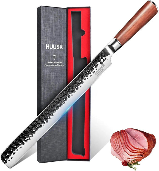 Huusk Japanese Carving Knife - 11" Brisket Slicing Knife for Meat Cutting | Made by High Carbon Steel, Hand Forged Ultra Sharp BBQ Knives for Meat Grilling Roast, Fathers' Day Gift Idea for Men Dad