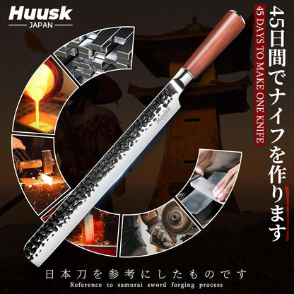 Huusk Japanese Carving Knife - 11" Brisket Slicing Knife for Meat Cutting | Made by High Carbon Steel, Hand Forged Ultra Sharp BBQ Knives for Meat Grilling Roast, Fathers' Day Gift Idea for Men Dad