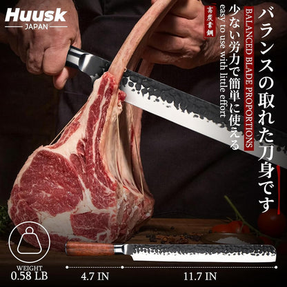 Huusk Japanese Carving Knife - 11" Brisket Slicing Knife for Meat Cutting | Made by High Carbon Steel, Hand Forged Ultra Sharp BBQ Knives for Meat Grilling Roast, Fathers' Day Gift Idea for Men Dad