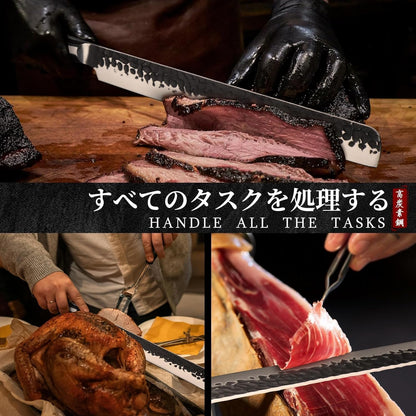 Huusk Japanese Carving Knife - 11" Brisket Slicing Knife for Meat Cutting | Made by High Carbon Steel, Hand Forged Ultra Sharp BBQ Knives for Meat Grilling Roast, Fathers' Day Gift Idea for Men Dad
