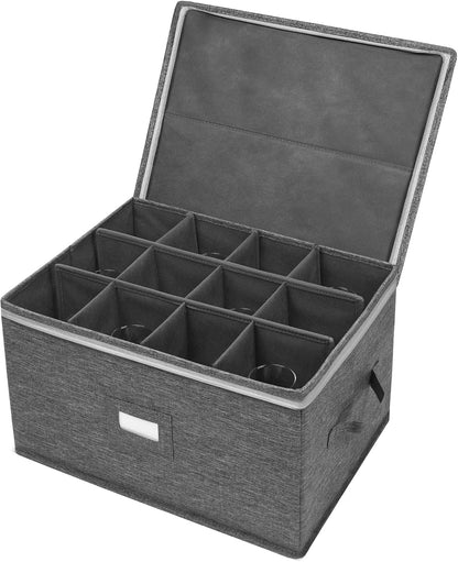 Stemware Storage Cases, Wine Glass Storage Box Containers for Crystal | Glassware Storage Containers Holds 12 Red or White Wine Glasses, Hard Top and Sides (Grey)