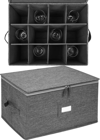 Stemware Storage Cases, Wine Glass Storage Box Containers for Crystal | Glassware Storage Containers Holds 12 Red or White Wine Glasses, Hard Top and Sides (Grey)