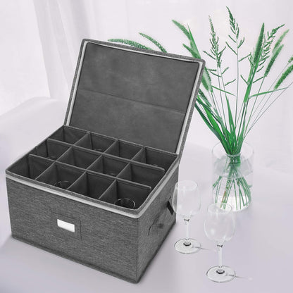 Stemware Storage Cases, Wine Glass Storage Box Containers for Crystal | Glassware Storage Containers Holds 12 Red or White Wine Glasses, Hard Top and Sides (Grey)