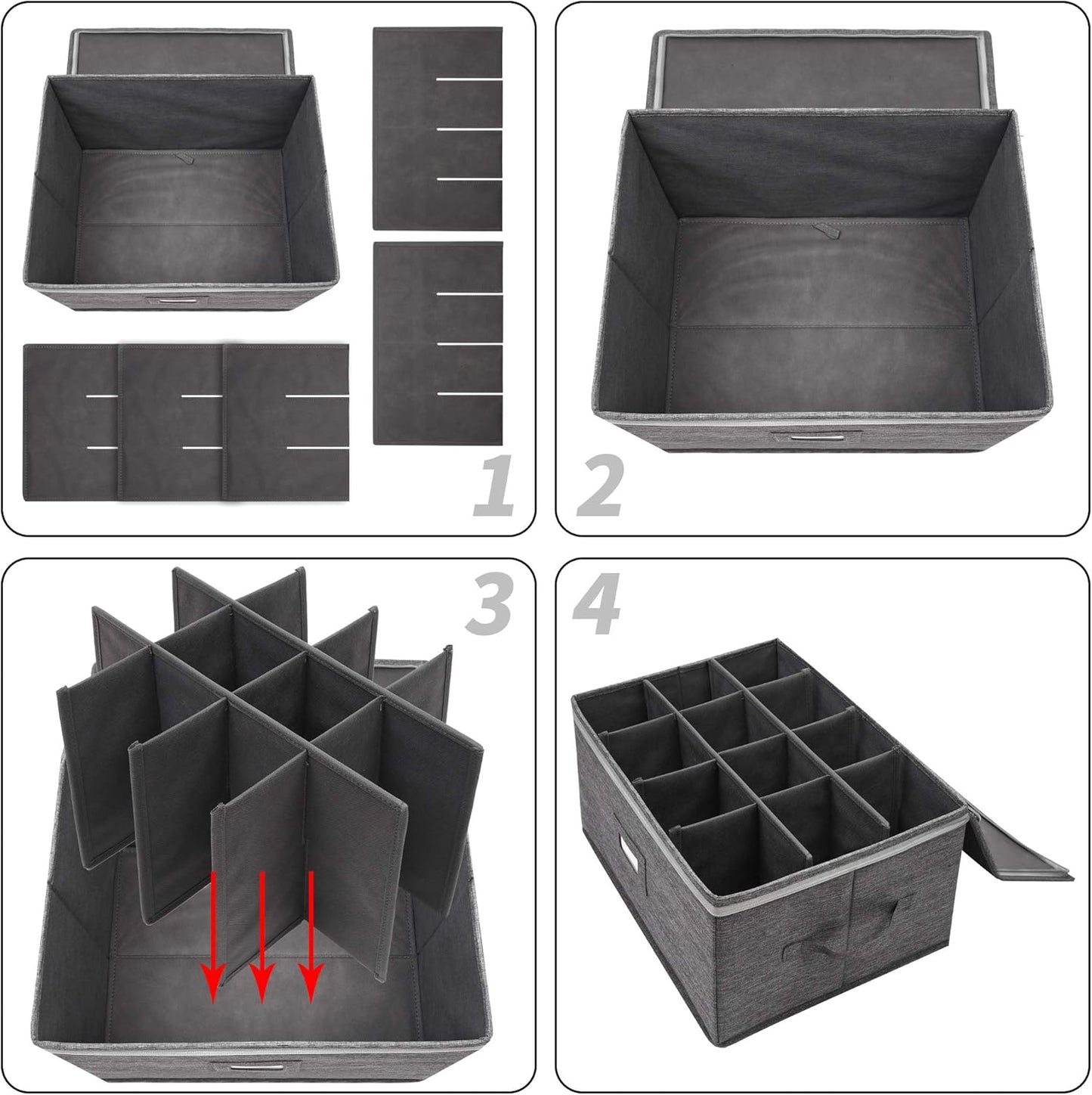 Stemware Storage Cases, Wine Glass Storage Box Containers for Crystal | Glassware Storage Containers Holds 12 Red or White Wine Glasses, Hard Top and Sides (Grey)