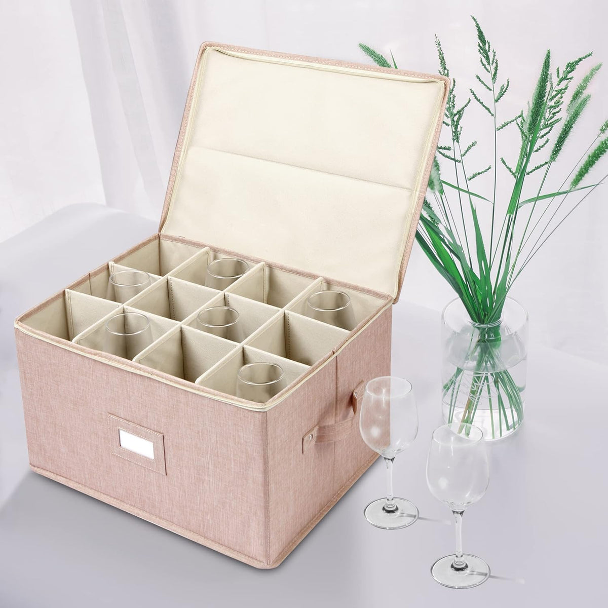 Stemware Storage Cases, Wine Glass Storage Box Containers for Crystal | Glassware Storage Containers Holds 12 Red or White Wine Glasses, Hard Top and Sides (Grey)