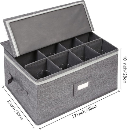 Stemware Storage Cases, Wine Glass Storage Box Containers for Crystal | Glassware Storage Containers Holds 12 Red or White Wine Glasses, Hard Top and Sides (Grey)