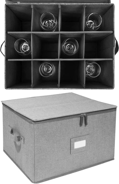 Stemware Storage Cases, Wine Glass Storage Box Containers for Crystal | Glassware Storage Containers Holds 12 Red or White Wine Glasses, Hard Top and Sides (Grey)