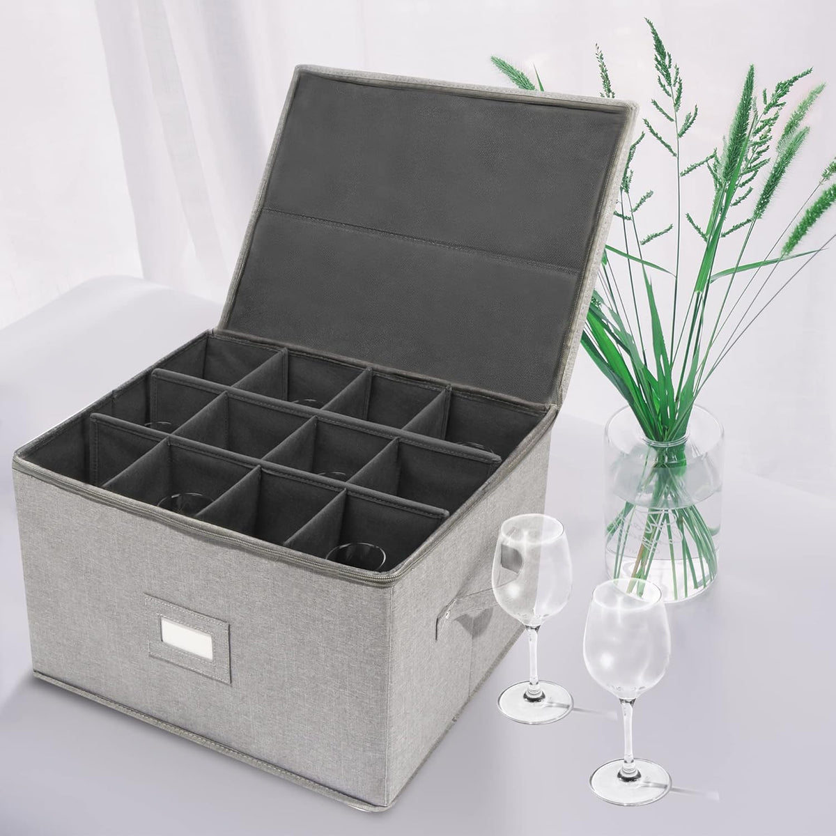 Stemware Storage Cases, Wine Glass Storage Box Containers for Crystal | Glassware Storage Containers Holds 12 Red or White Wine Glasses, Hard Top and Sides (Grey)