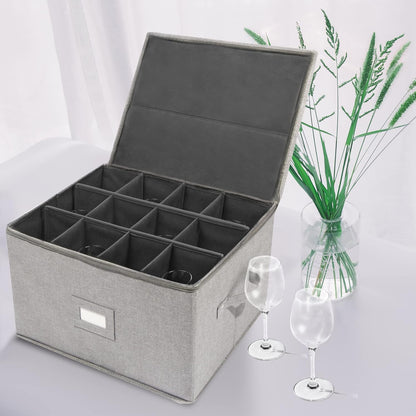 Stemware Storage Cases, Wine Glass Storage Box Containers for Crystal | Glassware Storage Containers Holds 12 Red or White Wine Glasses, Hard Top and Sides (Grey)