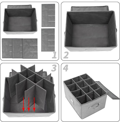 Stemware Storage Cases, Wine Glass Storage Box Containers for Crystal | Glassware Storage Containers Holds 12 Red or White Wine Glasses, Hard Top and Sides (Grey)