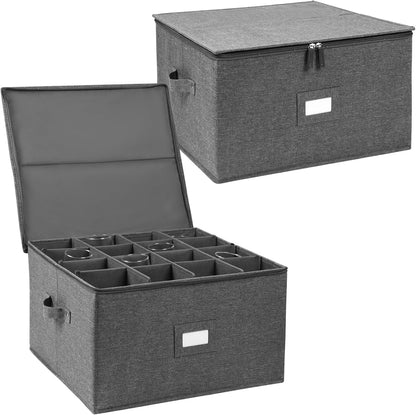 Stemware Storage Cases, Wine Glass Storage Box Containers for Crystal | Glassware Storage Containers Holds 12 Red or White Wine Glasses, Hard Top and Sides (Grey)