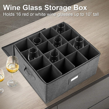 Stemware Storage Cases, Wine Glass Storage Box Containers for Crystal | Glassware Storage Containers Holds 12 Red or White Wine Glasses, Hard Top and Sides (Grey)