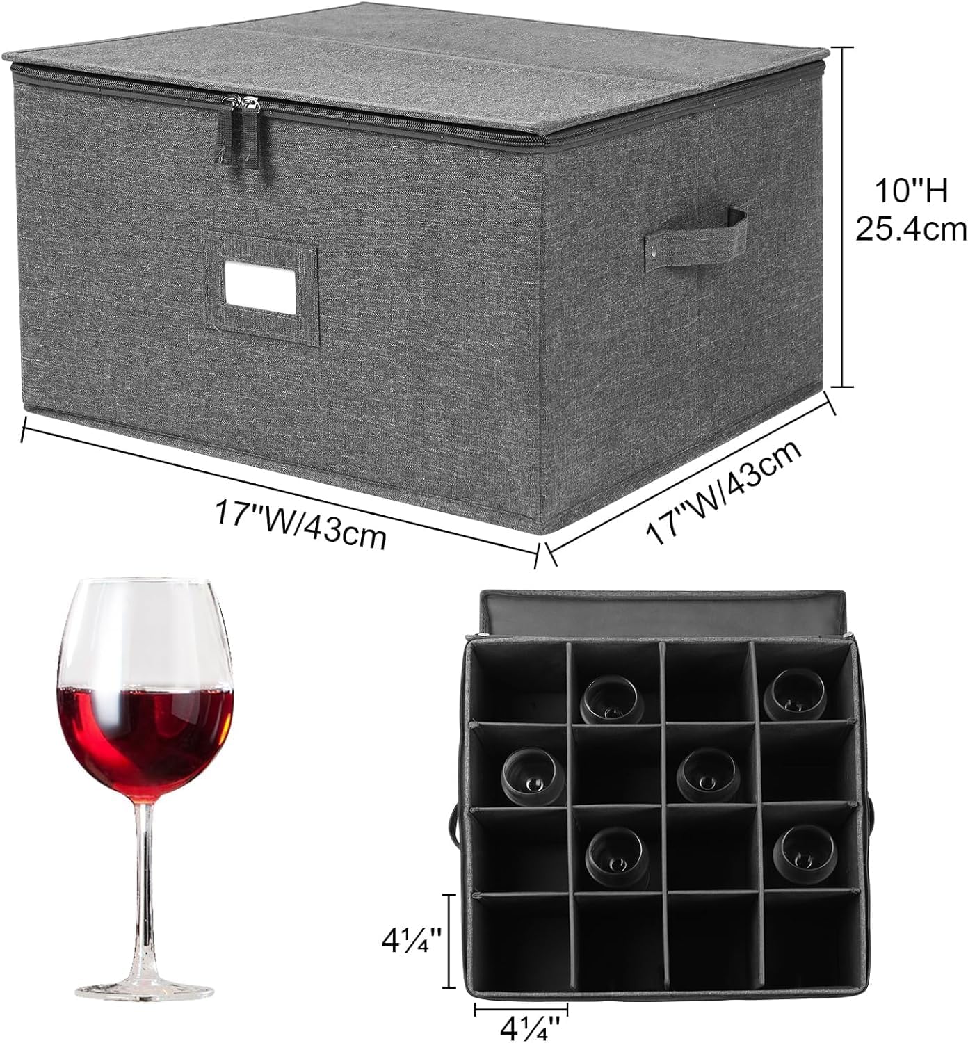 Stemware Storage Cases, Wine Glass Storage Box Containers for Crystal | Glassware Storage Containers Holds 12 Red or White Wine Glasses, Hard Top and Sides (Grey)