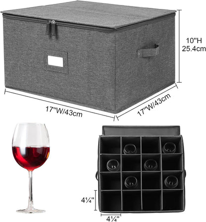 Stemware Storage Cases, Wine Glass Storage Box Containers for Crystal | Glassware Storage Containers Holds 12 Red or White Wine Glasses, Hard Top and Sides (Grey)