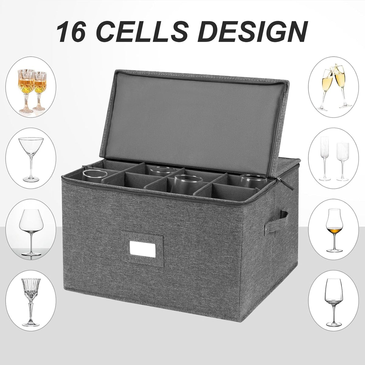 Stemware Storage Cases, Wine Glass Storage Box Containers for Crystal | Glassware Storage Containers Holds 12 Red or White Wine Glasses, Hard Top and Sides (Grey)