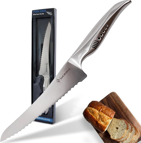 8" Bread Knife, Tomato Knife, Multifunction Serrated Bread Knife Ultra Sharp Offset, Steel Handle Shark-Inspired Ergonomic Stainless for Homemade Bread, Bagels, Sourdough, Vegetables, Fruits