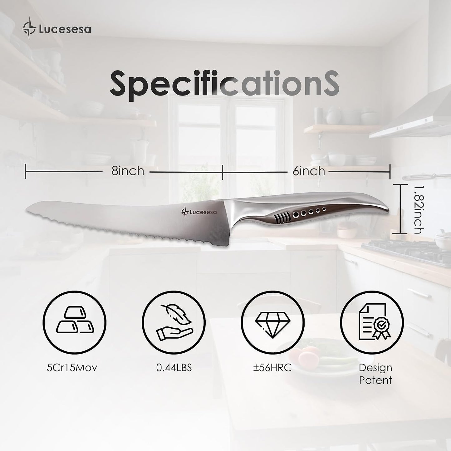 8" Bread Knife, Tomato Knife, Multifunction Serrated Bread Knife Ultra Sharp Offset, Steel Handle Shark-Inspired Ergonomic Stainless for Homemade Bread, Bagels, Sourdough, Vegetables, Fruits