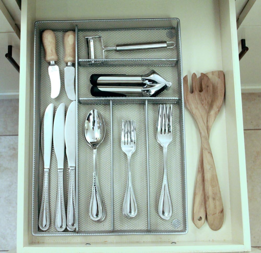Mesh Large Cutlery Tray with Foam Feet - 6 Compartments - Kitchen Organization/Silverware Storage Utensil Flatware Tray