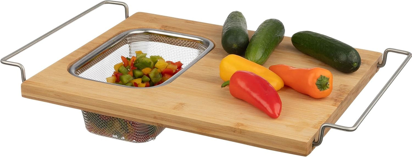2 in 1 Cutting Board with Strainer, Natural, 13.2” x 11.5” | Adjustable Bamboo Chopping Board with Removable Stainless Steel Colander for Over the Sink