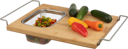 2 in 1 Cutting Board with Strainer, Natural, 13.2” x 11.5” | Adjustable Bamboo Chopping Board with Removable Stainless Steel Colander for Over the Sink