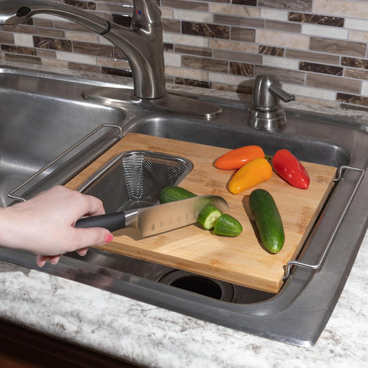 2 in 1 Cutting Board with Strainer, Natural, 13.2” x 11.5” | Adjustable Bamboo Chopping Board with Removable Stainless Steel Colander for Over the Sink