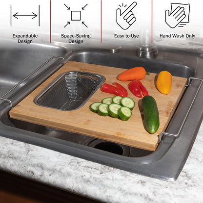 2 in 1 Cutting Board with Strainer, Natural, 13.2” x 11.5” | Adjustable Bamboo Chopping Board with Removable Stainless Steel Colander for Over the Sink