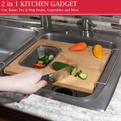 2 in 1 Cutting Board with Strainer, Natural, 13.2” x 11.5” | Adjustable Bamboo Chopping Board with Removable Stainless Steel Colander for Over the Sink
