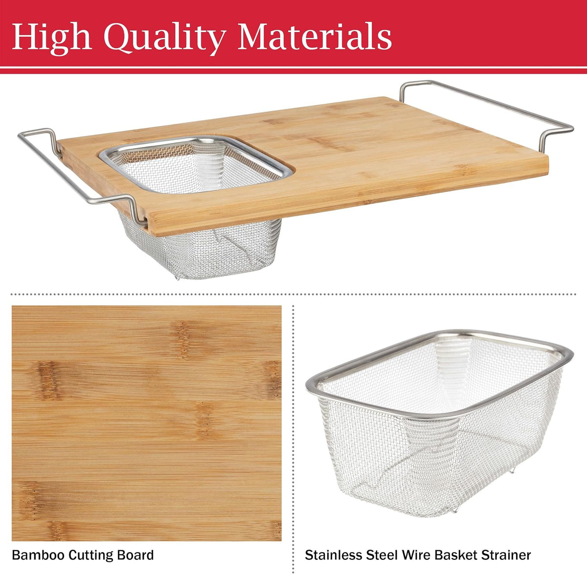 2 in 1 Cutting Board with Strainer, Natural, 13.2” x 11.5” | Adjustable Bamboo Chopping Board with Removable Stainless Steel Colander for Over the Sink